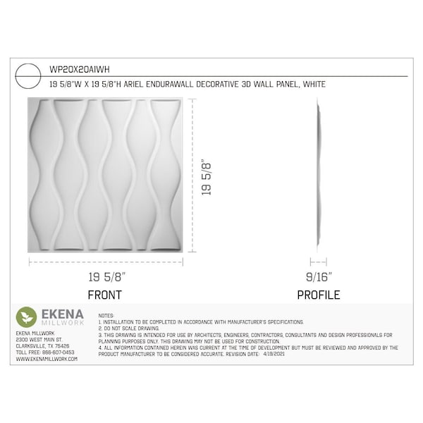 Ariel EnduraWall Decorative 3D Wall Panel, White, 19 5/8W X 19 5/8H
